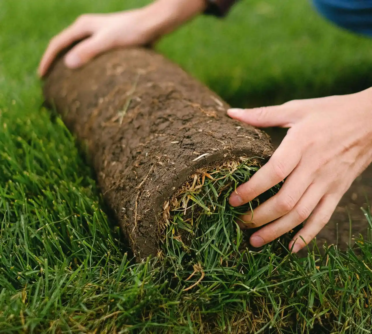 A person rolling out a section of new turf or sod, representing NB Coir's moisture-retaining coco peat solutions for councils, resorts, and sports grounds.